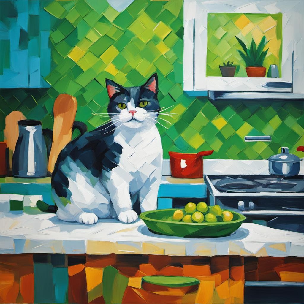 [Oil painting style, impasto, masterpiece] Cat illustration, minimalist design, cats being naughty in the kitchen, white, green, blue palette