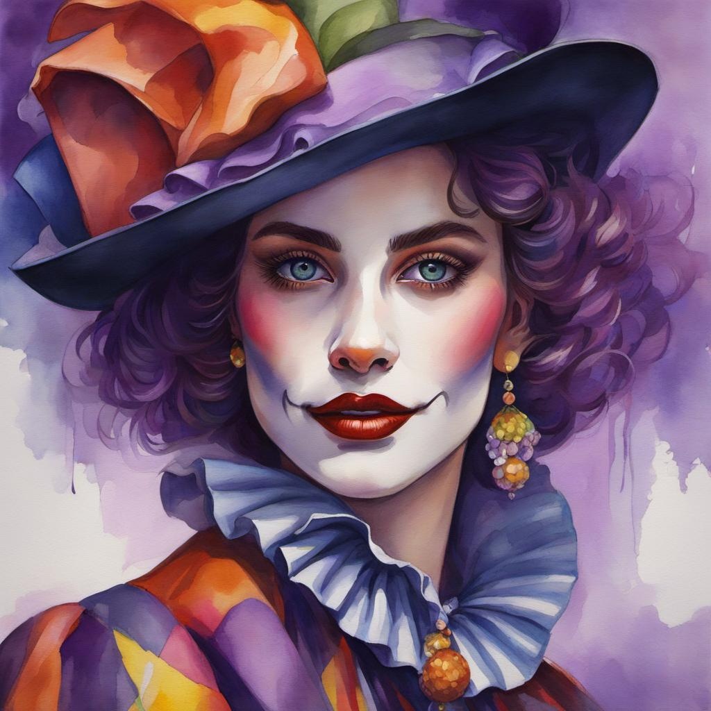 [Watercolor painting style, masterpiece] beautiful woman, detailed bright eyes, ethereal, clown, regal, bright pops of purple, ruffled collar, serene expression, harlequin, magical, fashion, Hyperrealistic, splash art, concept art, mid shot, intricately detailed, color depth, dramatic, 2/3 face angle, side light, colorful background