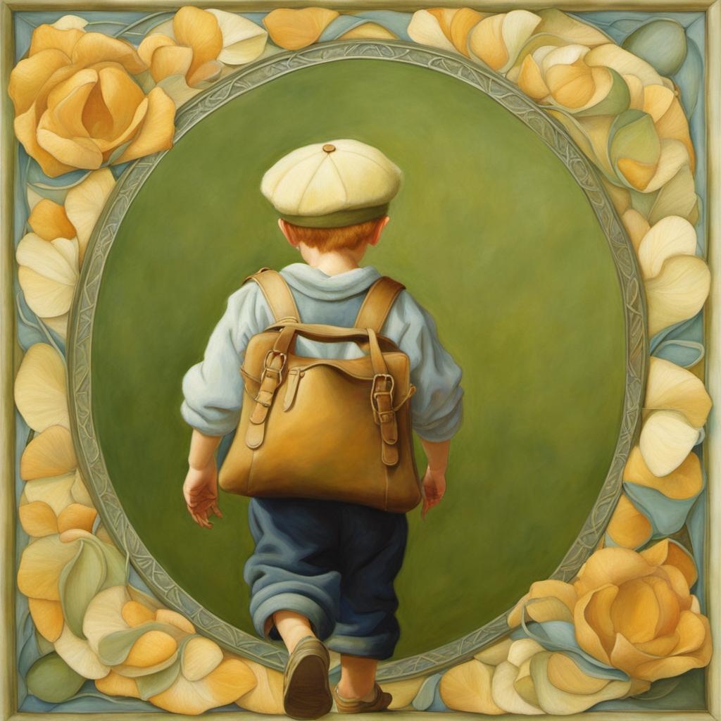 [Painting, Art Nouveau] a little boy with a bag on his back and a cap a pastel by Anne Geddes, Jeanine Dia, dada, fanciful, hyperrealistic,