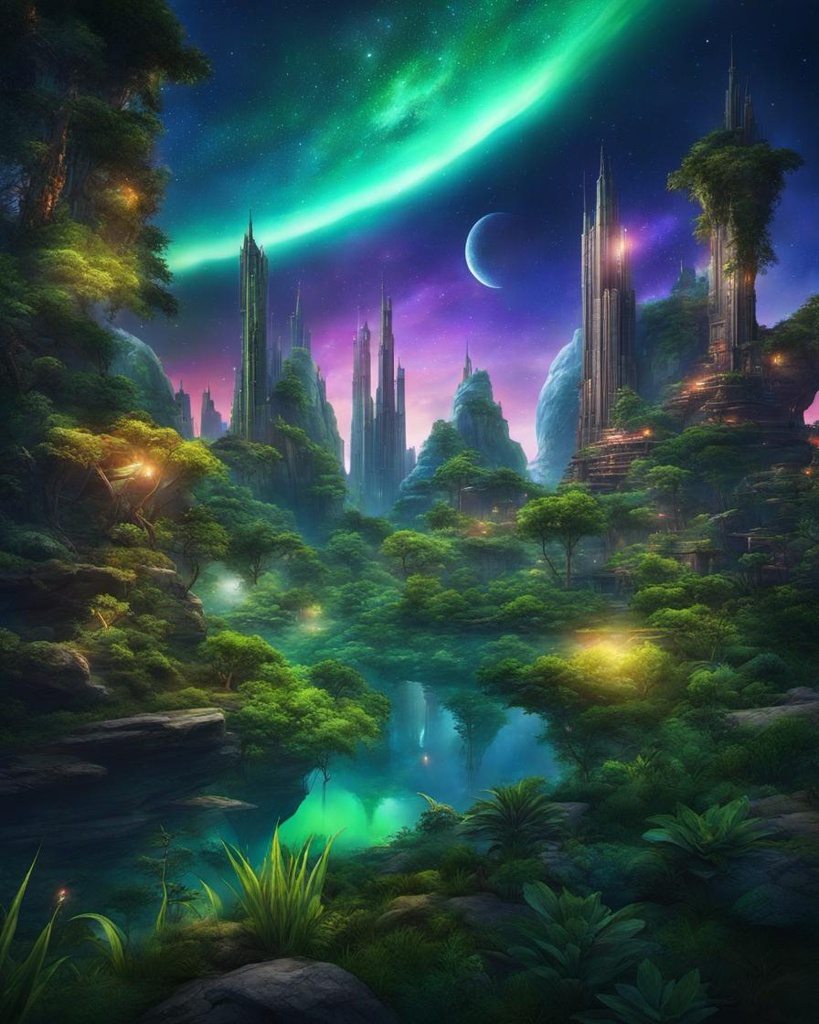 [Watercolor painting style, masterpiece] Utopian city, night sky, stars, galaxies, off planet, green, lush, beautiful, mystical, waterfalls,  detailed matte painting, deep color, fantastical, intricate detail, splash screen, complementary colors, fantasy concept art, 8k resolution trending on Artstation Unreal Engine 5 Professional photography, bokeh, natural lighting, canon lens, shot on dslr 64 megapixels sharp focus; [Watercolor painting style, masterpiece] Utopian city, night sky, stars, galaxies, off planet, green, lush, beautiful, mystical, waterfalls,  detailed matte painting, deep color, fantastical, intricate detail, splash screen, complementary colors, fantasy concept art, 8k resolution trending on Artstation Unreal Engine 5 Professional photography, bokeh, natural lighting, canon lens, shot on dslr 64 megapixels sharp focus