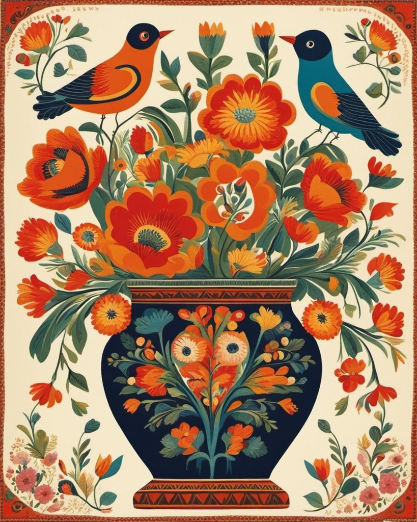 [Style of vintage illustration] Petrykiv floral folk art with birds on a flower vase