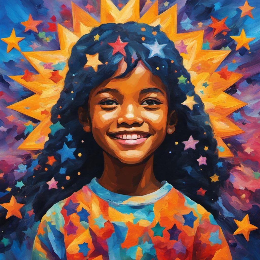 [Oil painting style, impasto, masterpiece] hypermaximalist extremely detailed colorful double exposure portrait collage art fantasy illustration colorful stars, angelic primary student with radiant confident smile, colorful stars, silhouette art, vibrant triadic colours