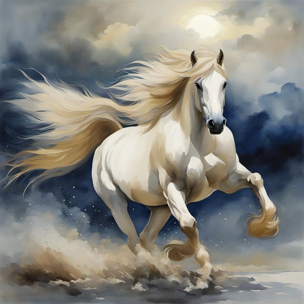 [Watercolor painting style, masterpiece] oil painting, american cream draft majestic stallion galloping, long mane and tail swept up by the wind, moonlit, tenebrism, mysterious scene, twilight hour, stormy clouds