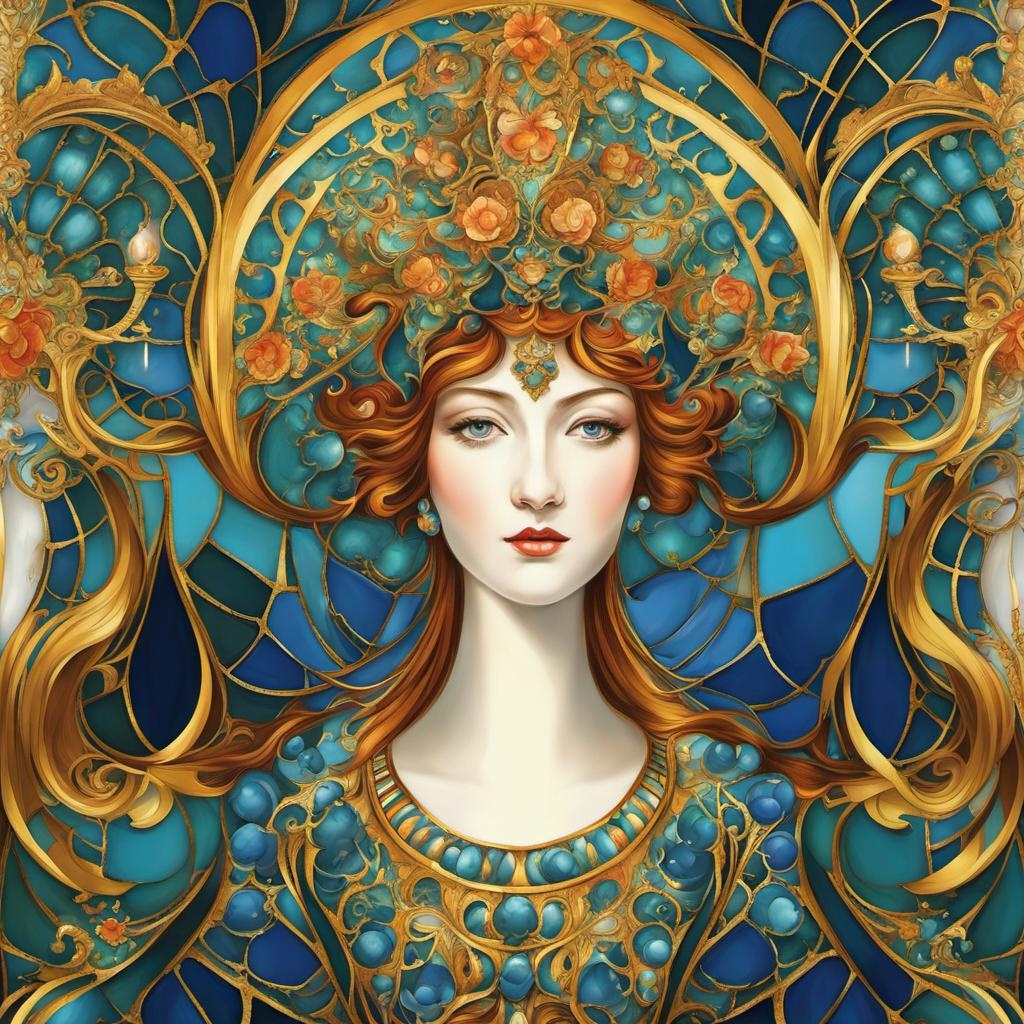 [Painting, classical] Crazy Candelabras, Art Nouveau, 1890 Cloisonne, Porcelain and Mosaic, retro woman's face abstract vector fractal,