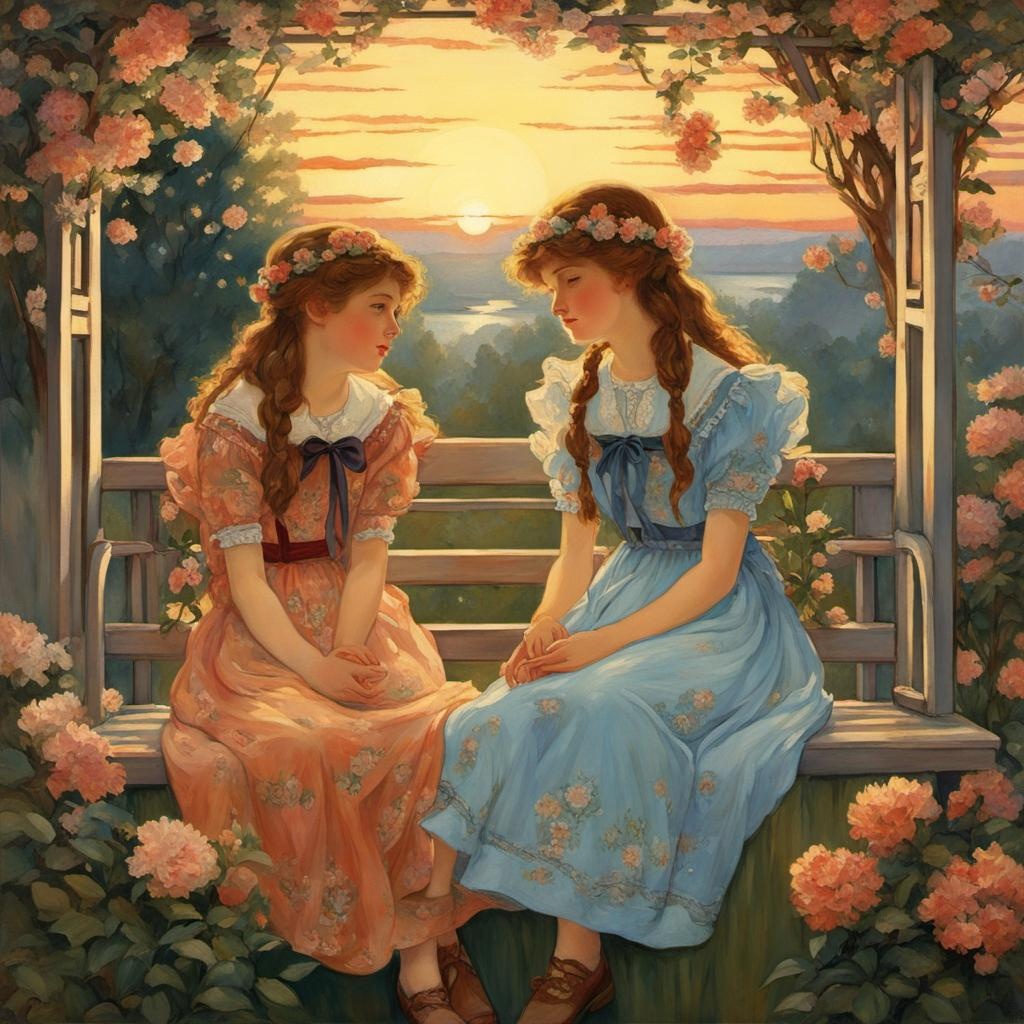 [Style of vintage illustration] Two teenage sisters sitting on a porch swing with a trellis of beautiful flowers around them, looking out at the setting sun; [vibrant liquid plasma] Two teenage sisters sitting on a porch swing with a trellis of beautiful flowers around them, looking out at the setting sun; [Painting, Art Nouveau] Two teenage sisters sitting on a porch swing with a trellis of beautiful flowers around them, looking out at the setting sun