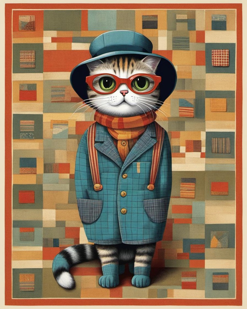 [Style of vintage illustration] Cat wearing patchwork outfits in Mike Hutter style