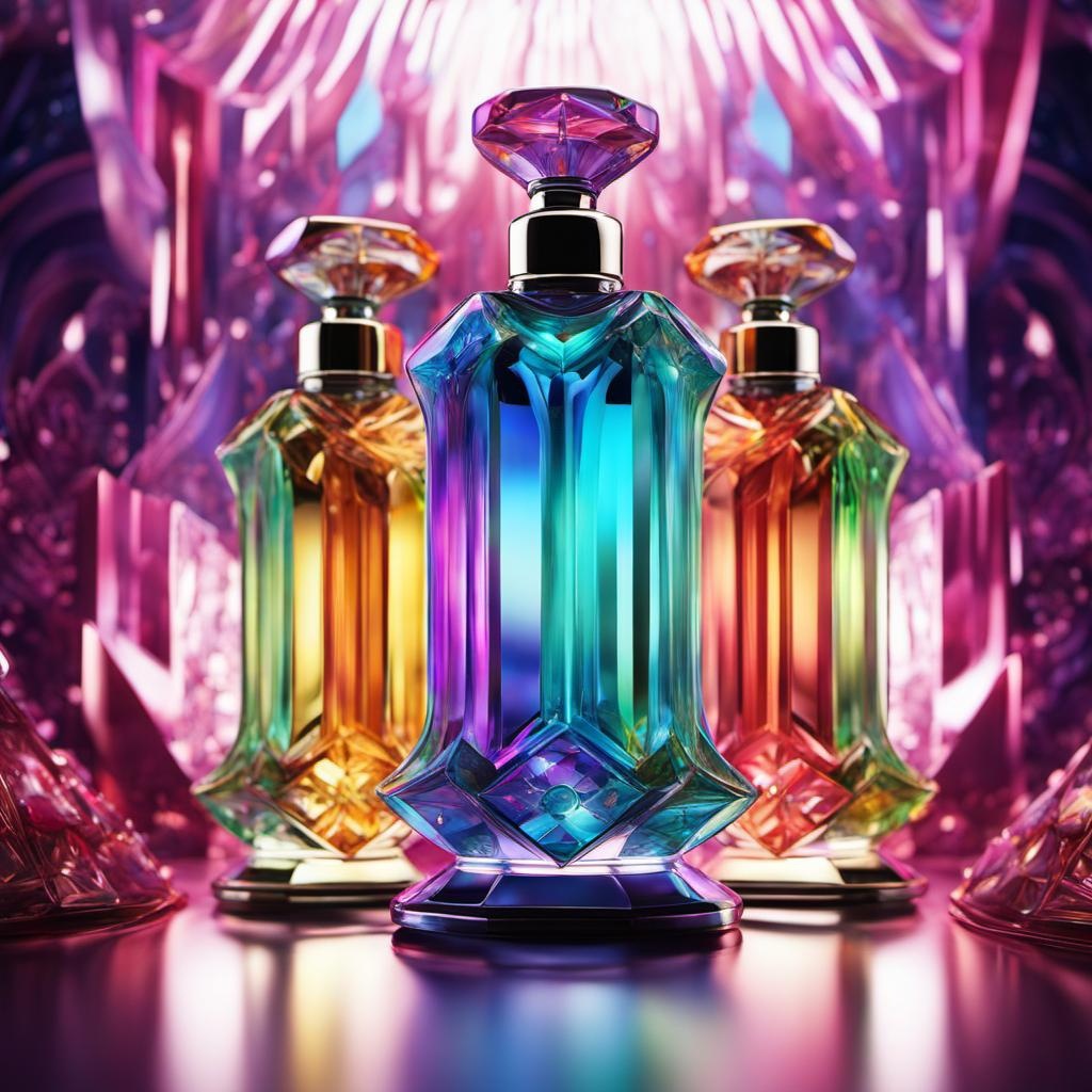 [vibrant liquid plasma] perfume bottle, incredible design, vivid multi colors, crystal glass, insane depth of field, beautiful Art Deco, flapper woman, elegant, highly detailed concept art, smooth, sharp focus