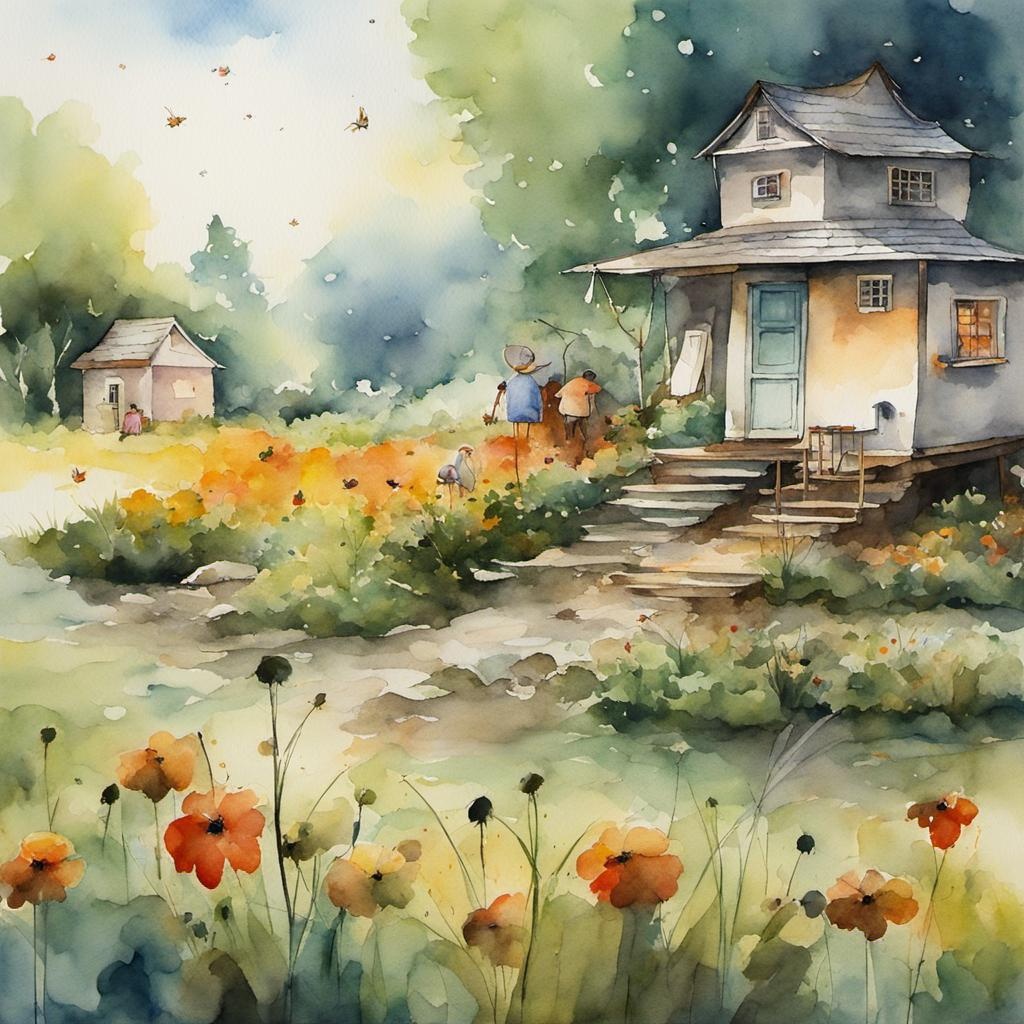 [Watercolor painting style, masterpiece] peaceful insects bugs and people living together watercolor; [Watercolor painting style, masterpiece] peaceful  bugs and people living together watercolor