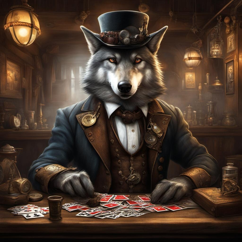 anthropomorphic steampunk Wolf, dealing cards, wild west saloon,; [Style of vintage illustration] anthropomorphic steampunk Wolf, dealing cards, wild west saloon,