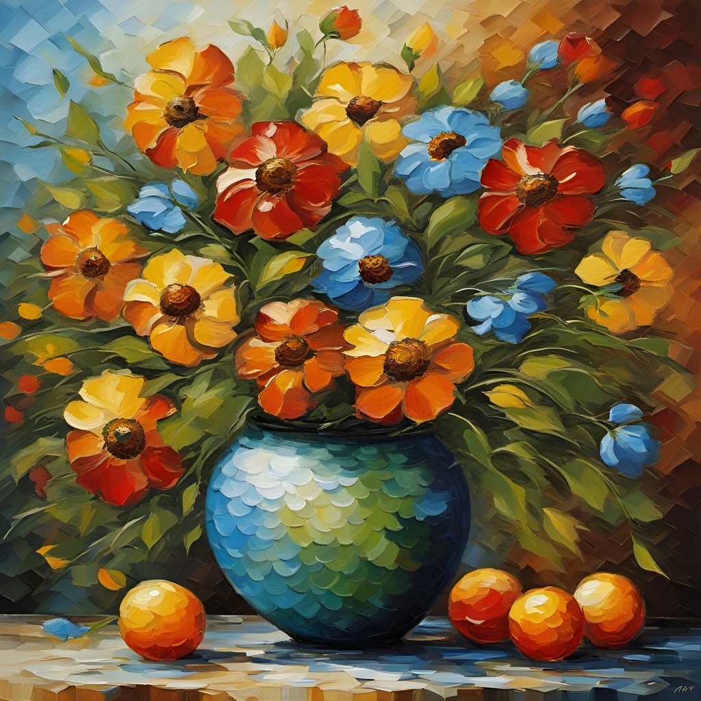 [Oil painting style, impasto, masterpiece] Petrykiv painting on a vase