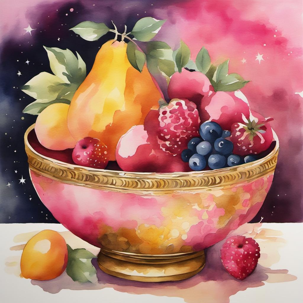 [Watercolor painting style, masterpiece] bowl of fruit in the style of whimsical gold and pink, whimsical dreamscapes, light gold and dark pink, stencil art, celestial