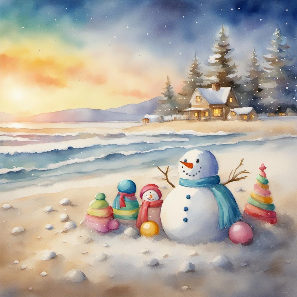 [Watercolor painting style, masterpiece] Pastel Christmas scene with snowman made of sand on the beach, warm weather