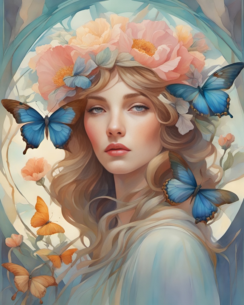 [Watercolor painting style, masterpiece] unique woman, art nouveau, mucha style,  pastel colors, butterflies, flower, petals, beauty portrait, artgerm, Peter Mohrbacher