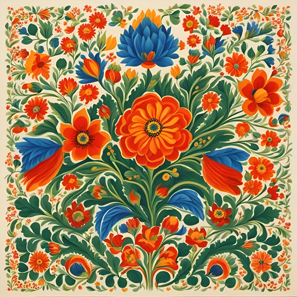 [Style of vintage illustration] Petrykivka Art, Traditional Ukrainian Folk Art, Floral Art