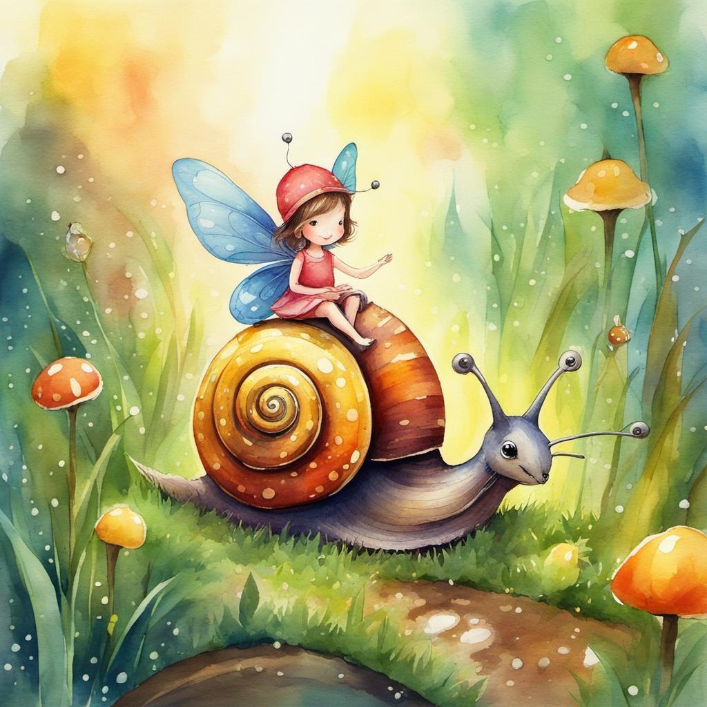 [Watercolor painting style, masterpiece] whimsical illustration of a cute tiny fairy riding a snail, surrounded by grass, colorful, vibrant, grass with dew drops, warm lights, fall vibes,