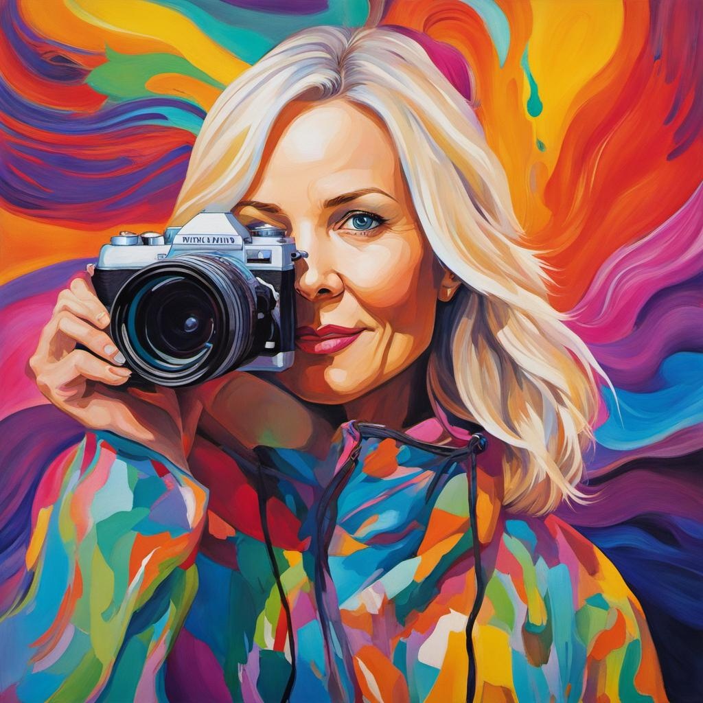 [Style of vintage illustration] portrait of a woman 45 years old, blonde with a camera, bright colors, ART drawing, gouache, acrylic,; [Painting, Art Nouveau] portrait of a woman 45 years old, blonde with a camera, bright colors, ART drawing, gouache, acrylic,; [vibrant liquid plasma] portrait of a woman 45 years old, blonde with a camera, bright colors, ART drawing, gouache, acrylic,