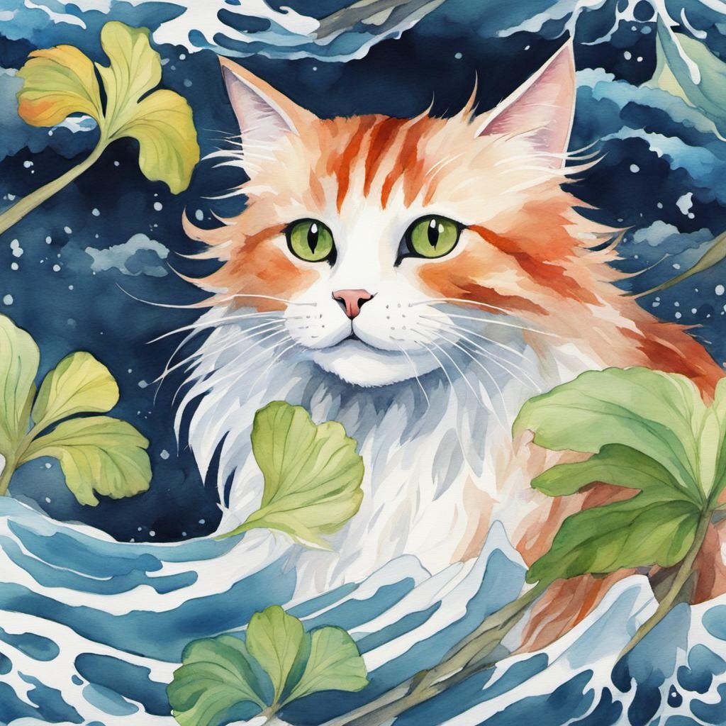 [Watercolor painting style, masterpiece] Botanical-cat with flowing hair on wave, in the style of Studio Ghibli