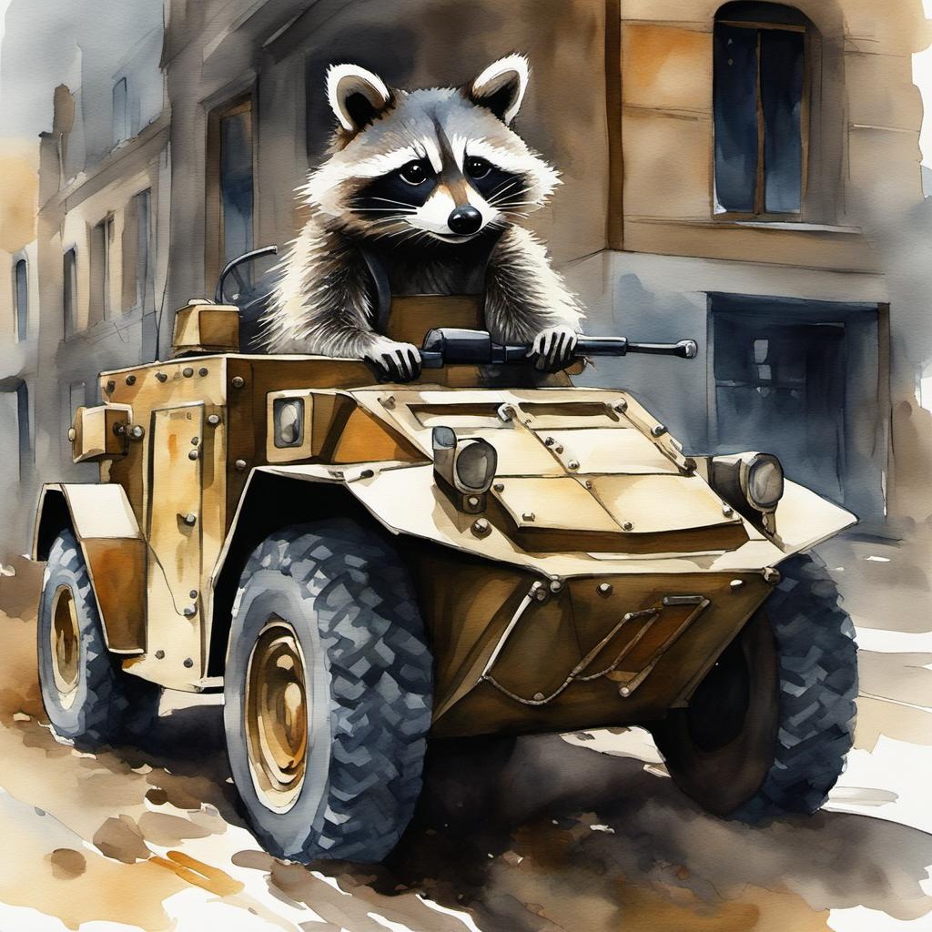 [Watercolor painting style, masterpiece] Raccoon in armored vehicle, Anthropomorphic