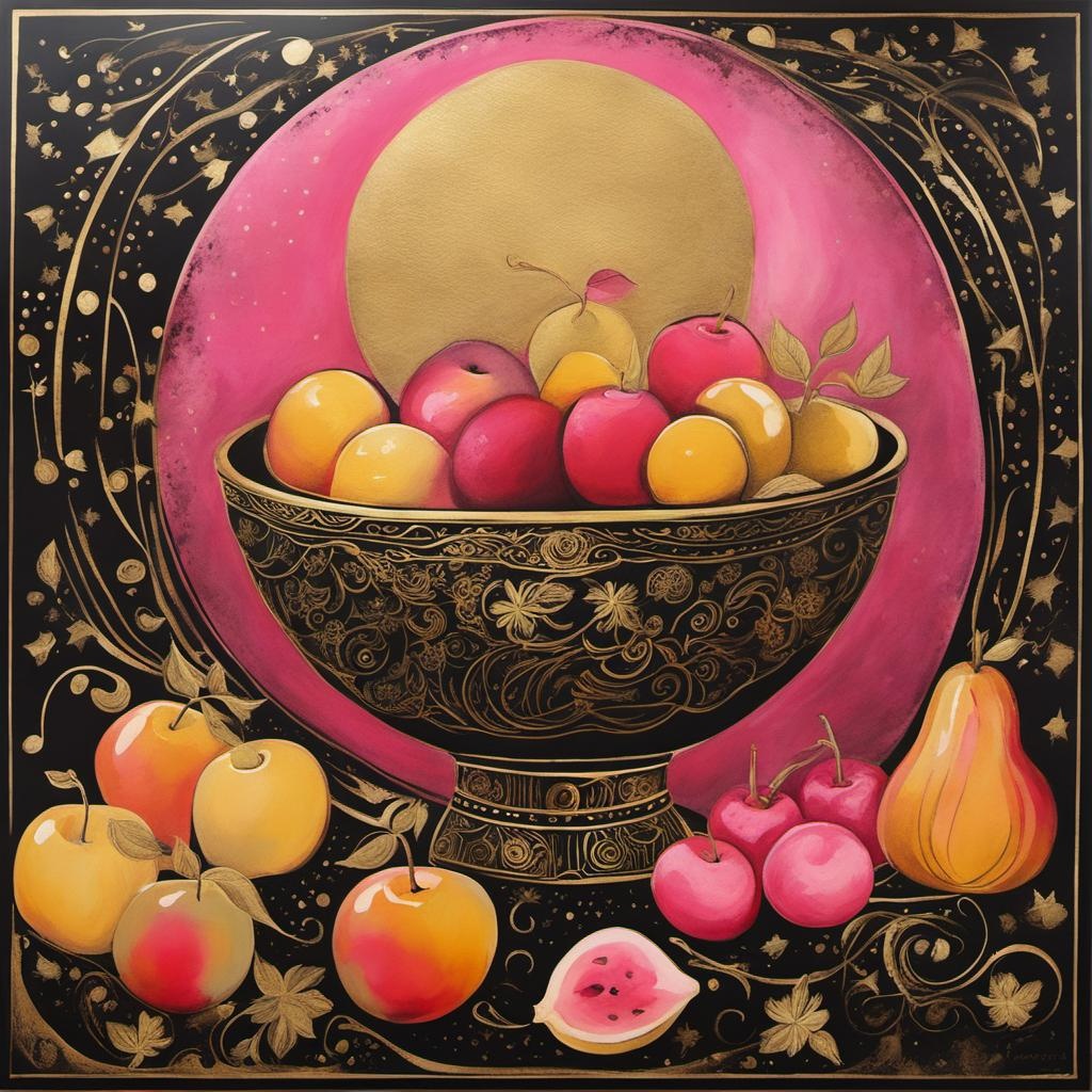 bowl of fruit in the style of whimsical gold and pink, whimsical dreamscapes, light gold and dark pink, stencil art, celestial