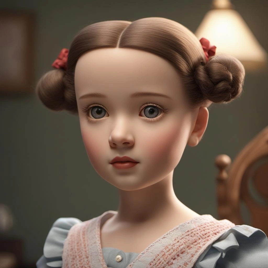 [Style of CG graphics, 3d rendering, blender] 1930s doll, expressive-eyes, nose-up, hair in a bun, ideal, profile