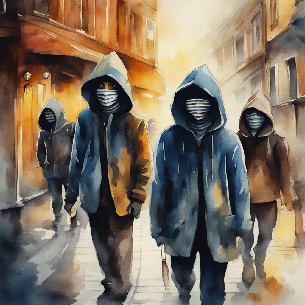 [Watercolor painting style, masterpiece] whimsical robbers in hoods, scary, suspicious, crime, mysterious, detective story, eerie, crayon oil seamless