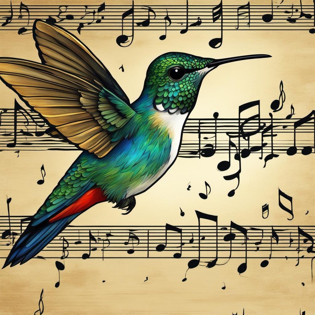 [Painting, Art Nouveau] morning hummingbird on musical notes dim backdrop