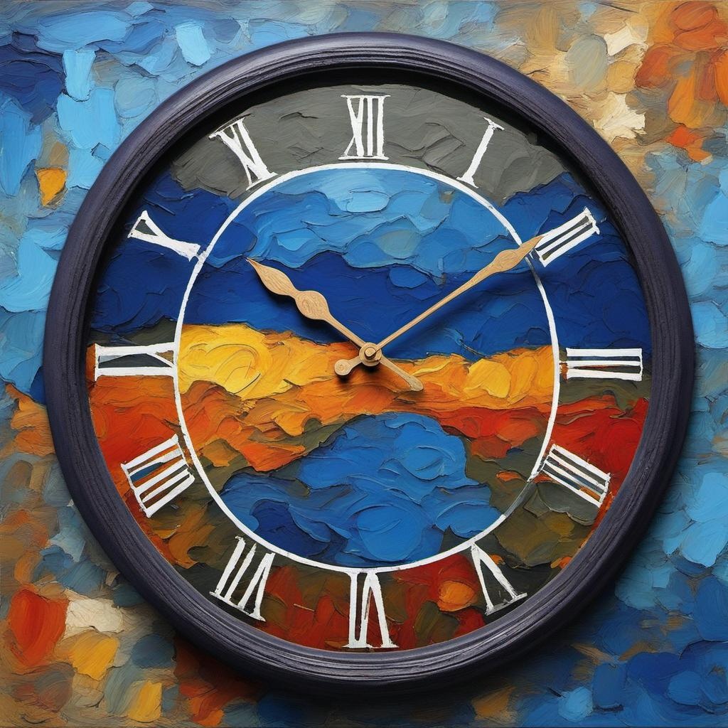 [Oil painting style, impasto, masterpiece] a wall clock ticking, blue background, distressed,