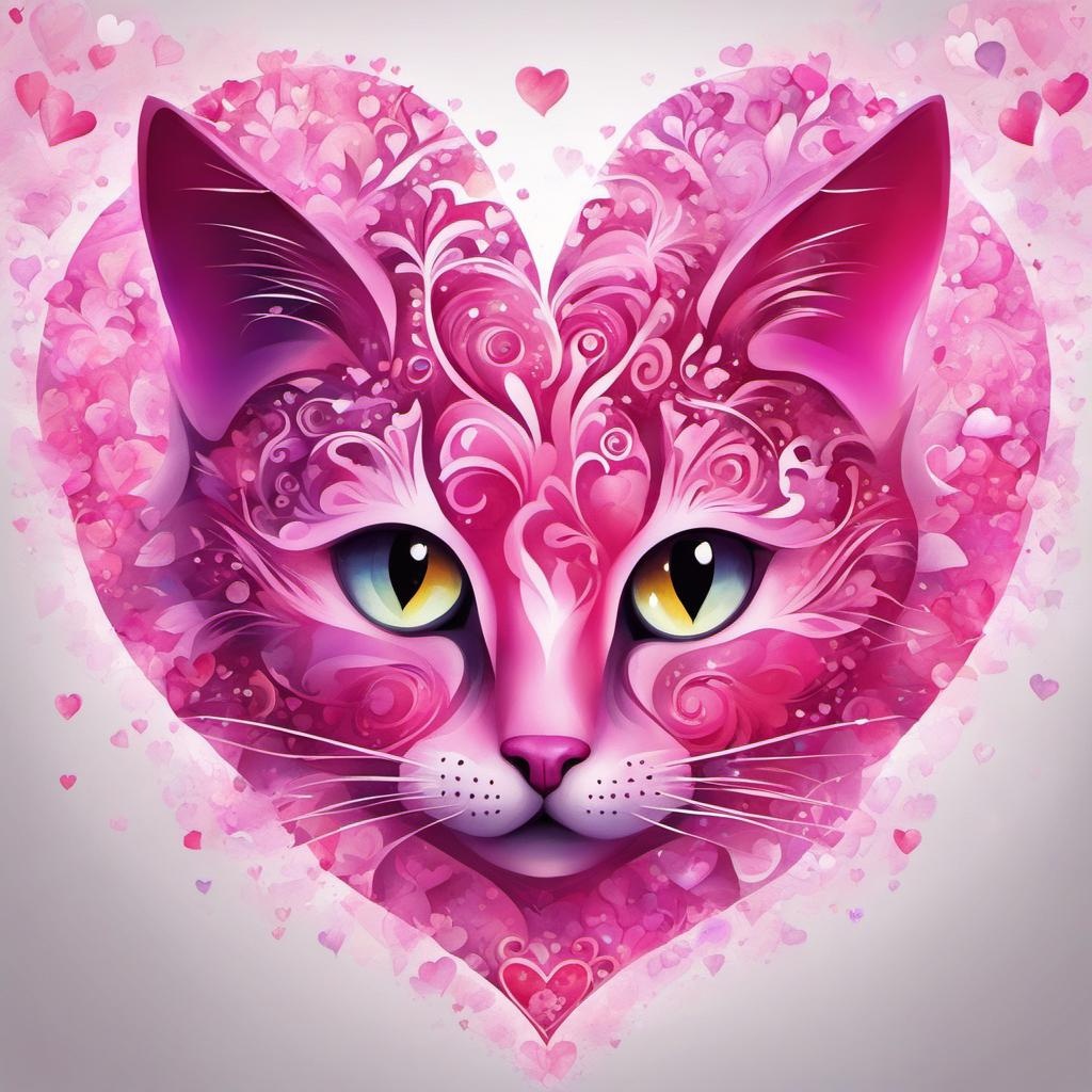 [Watercolor painting style, masterpiece] Pink Hearts and pink cats, Imagination, sparkle, abstract vector fractal, Zentangle, 3d shading