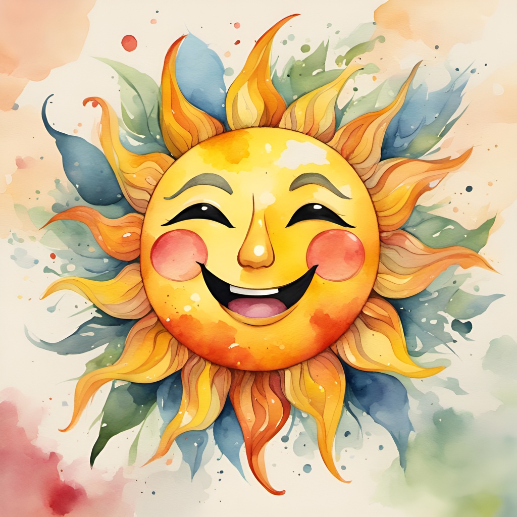 [Watercolor painting style, masterpiece] Happy sun face cartoon style masterpiece