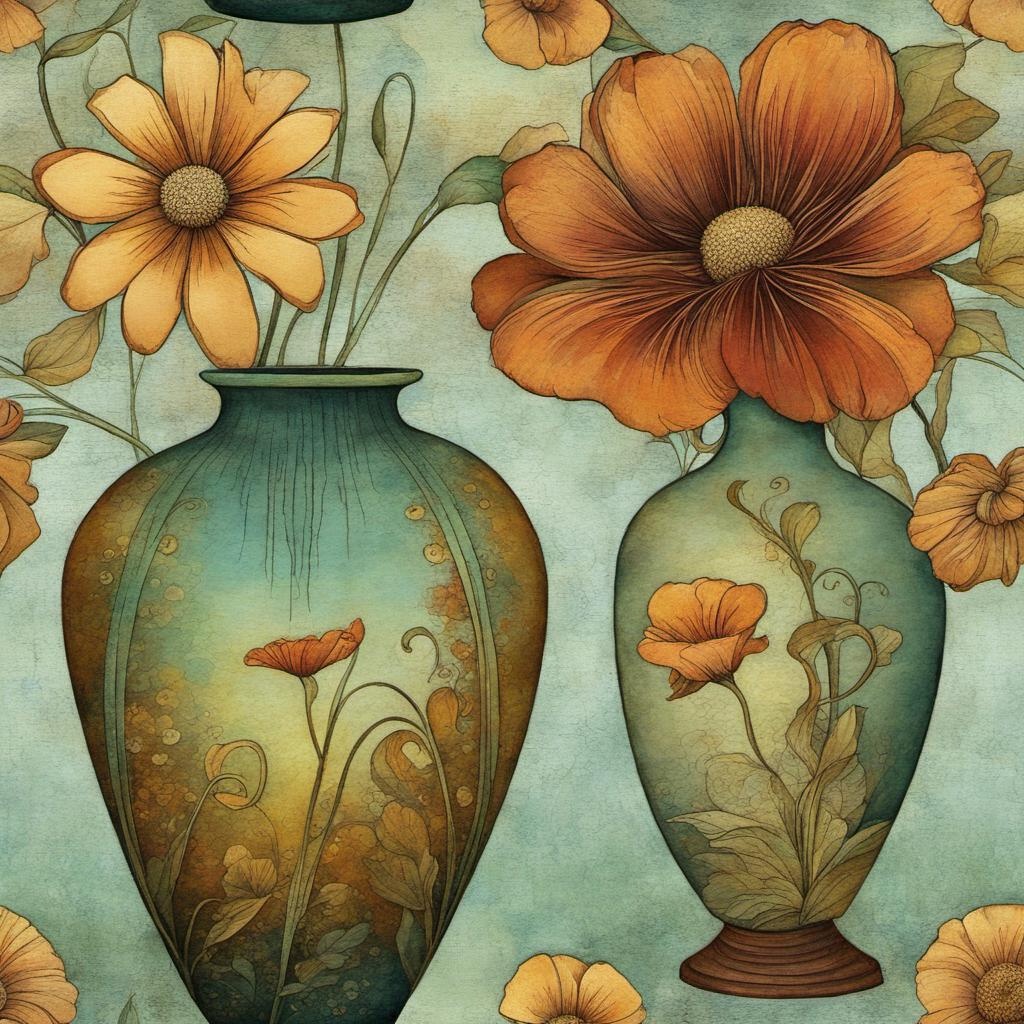 [Painting, Art Nouveau] Art Nouveau Style vintage flowers in retro Vases, flowers in a garden, grunge, pastels, stippled texture, blistered, plastered