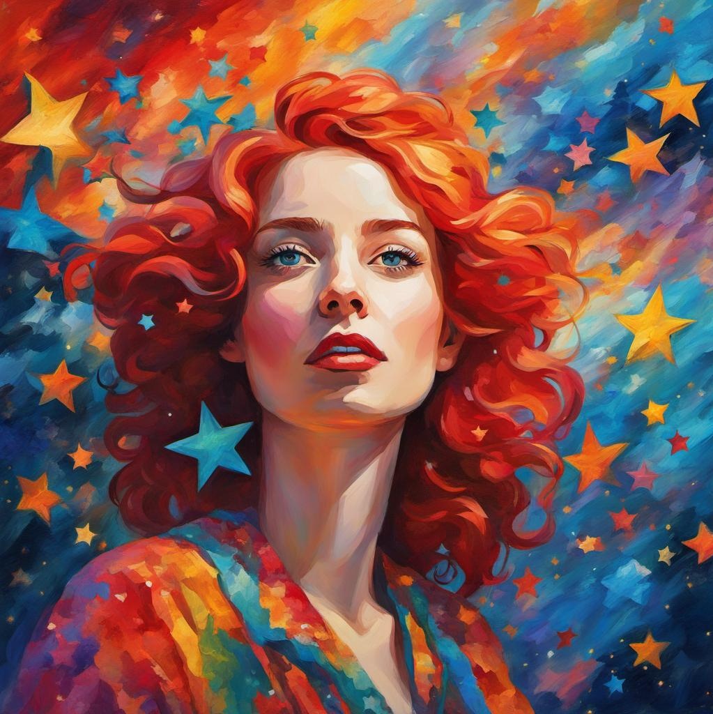 [Painting, Art Nouveau] hypermaximalist extremely detailed colorful double exposure portrait collage art fantasy illustration colorful stars, angelic young woman with red hair, radiant confident smile, colorful stars, silhouette art, vibrant triadic colors; [Oil painting style, impasto, masterpiece] hypermaximalist extremely detailed colorful double exposure portrait collage art fantasy illustration colorful stars, angelic young woman with red hair, radiant confident smile, colorful stars, silhouette art, vibrant triadic colors