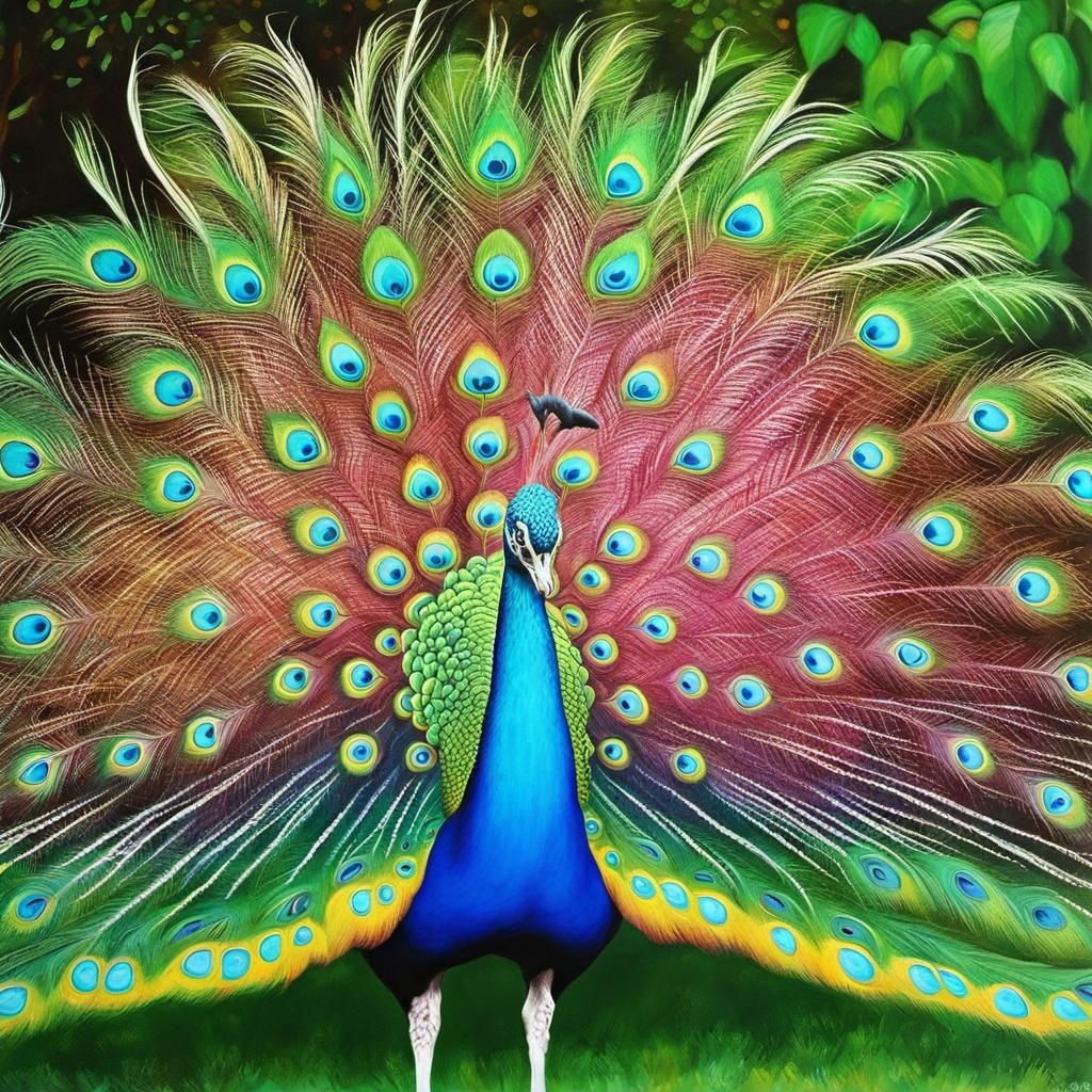 [vibrant liquid plasma] albino peacock full body in the yard oil acrylic