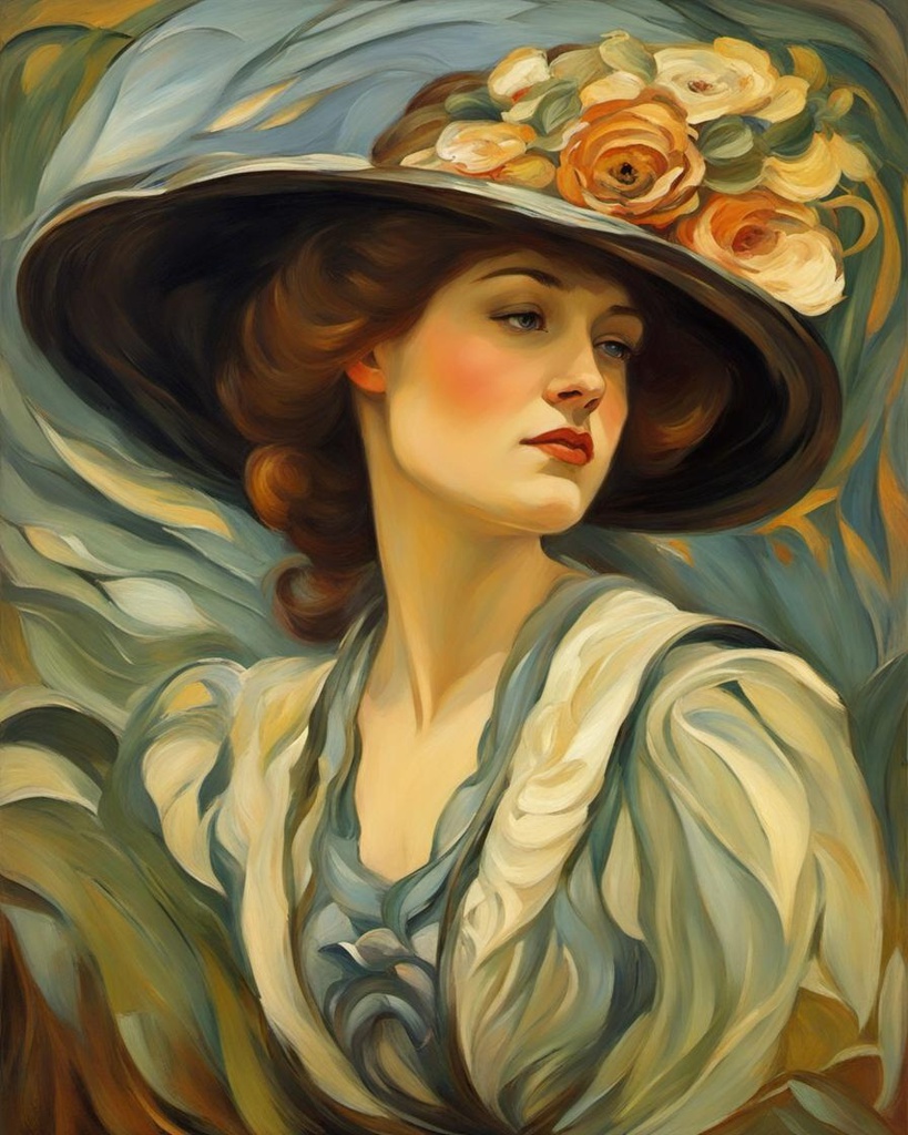 [Oil painting style, impasto, masterpiece] Art Nouveau, 1890 retro woman's face