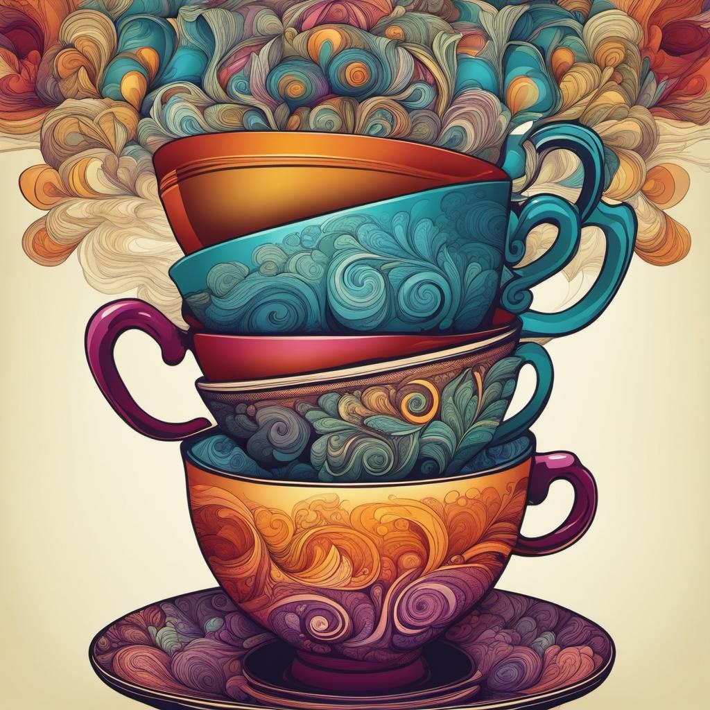 [Style of vintage illustration] whimsical stack of colorful teacups,  abstract vector fractal, Zentangle, 3d shading; [Style of vintage illustration] whimsical stack of colorful teacups,  abstract vector fractal, Zentangle, 3d shading