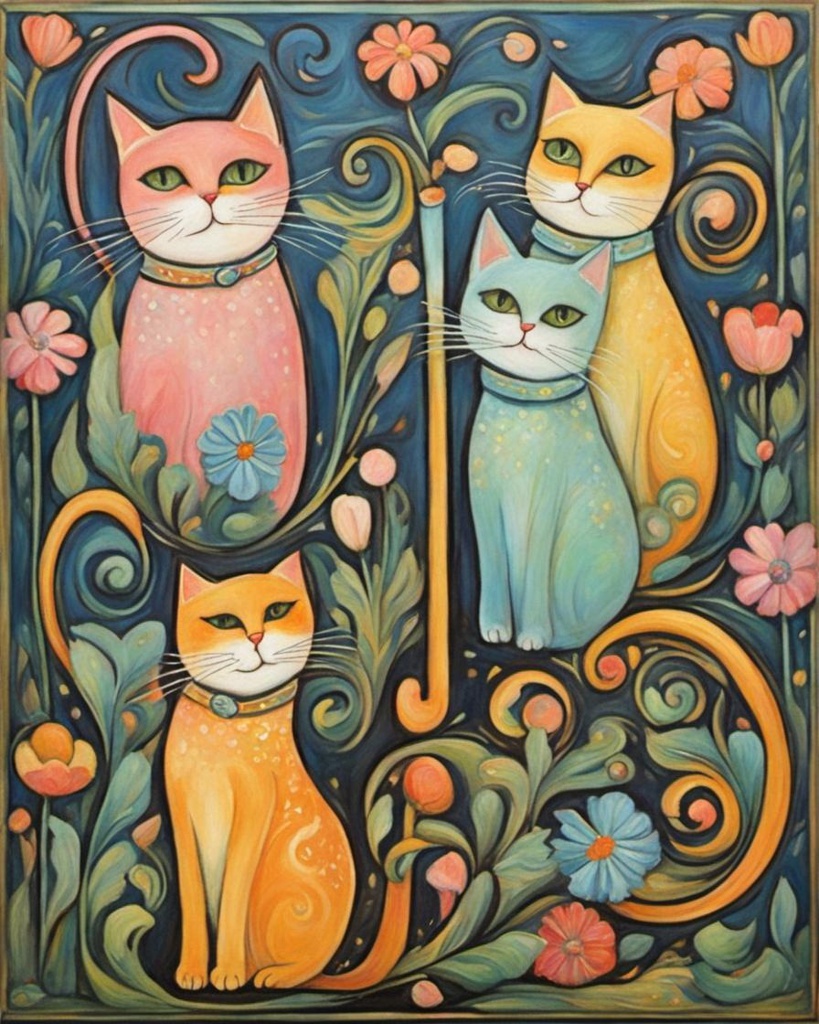 [Painting, Art Nouveau] whimsical fun stick cats, pastels