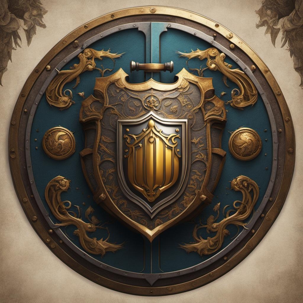 [Style of vintage illustration] Shield and coat of arms ancient clan detailed matte painting, deep color, fantastical, intricate detail, splash screen, complementary colors, fantasy concept art, 8k resolution trending on Artstation Unreal Engine 5 steampunk engine