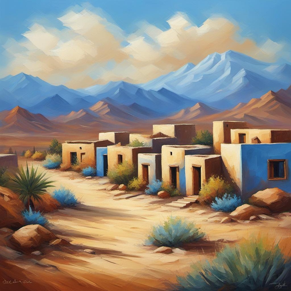 [Watercolor painting style, masterpiece] Desert town, adobe buildings, blue sky, mountains in the background; [Style of vintage illustration] Desert town, adobe buildings, blue sky, mountains in the background; [vibrant liquid plasma] Desert town, adobe buildings, blue sky, mountains in the background; [Painting, Art Nouveau] Desert town, adobe buildings, blue sky, mountains in the background; [Oil painting style, impasto, masterpiece] Desert town, adobe buildings, blue sky, mountains in the background