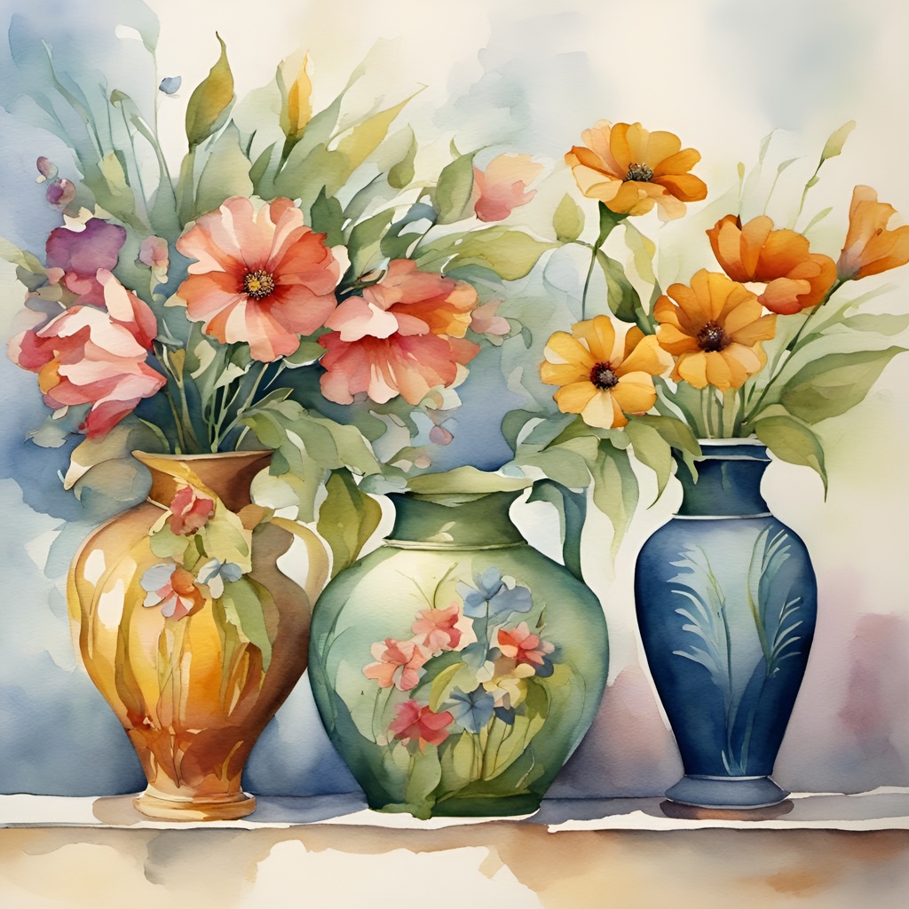 [Watercolor painting style, masterpiece] Art Nouveau Style Vases with vintage flowers