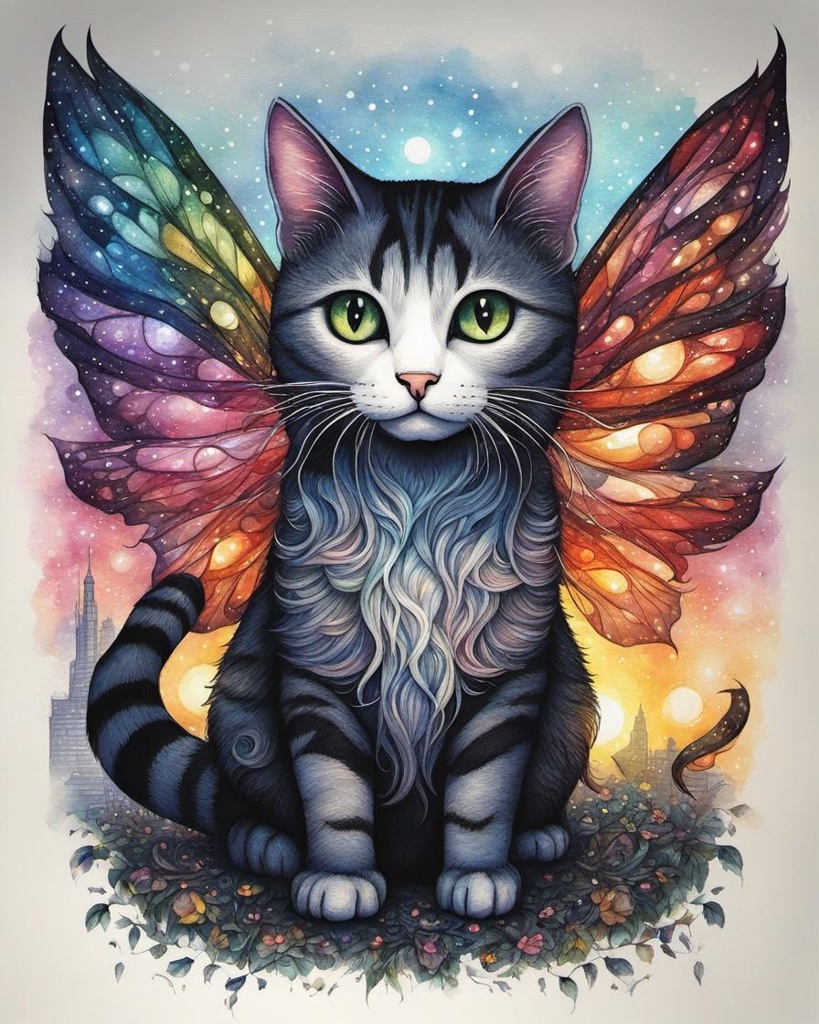 [Watercolor painting style, masterpiece] Fairy lights black white rainbow Stipple drawing Striped cat Fairy cat with wings texture intricately detailed high-resolution, ultra-detailed Utopia utopian city by the styles of Cyril Rolando, Dan Mumford, and Albert Bierstadt, Botticelli, Victo Ngai, magical and captivating background