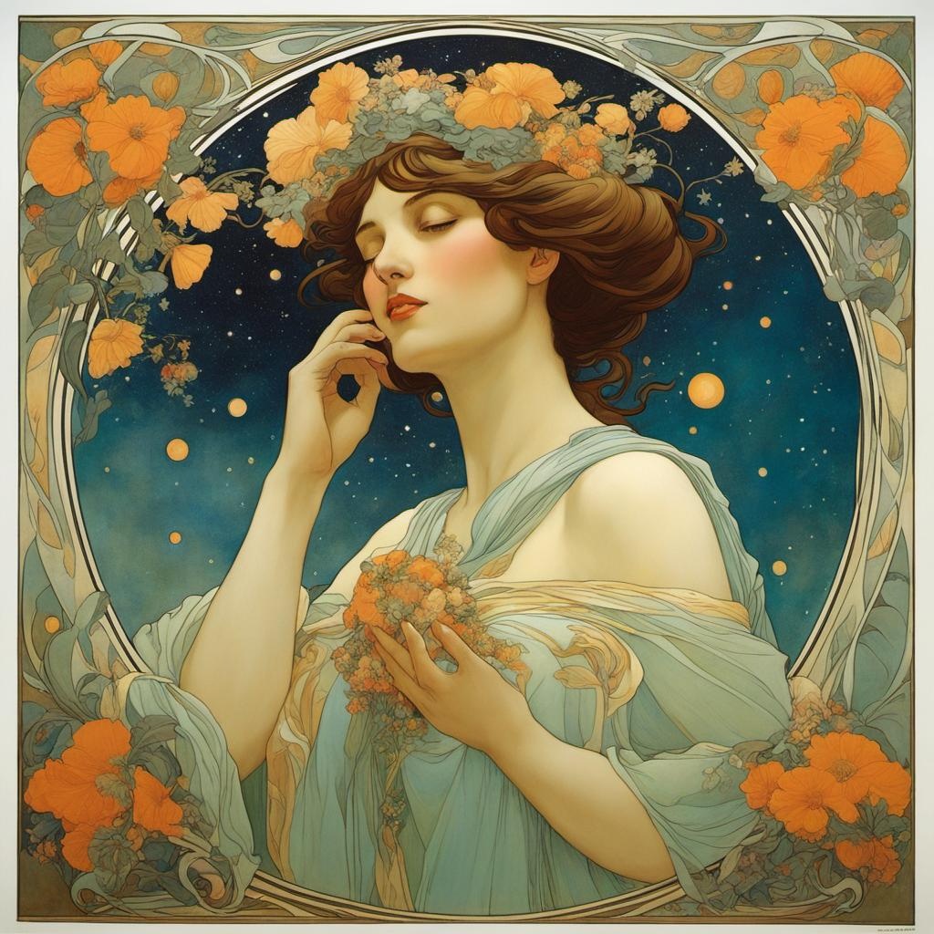 [Painting, Art Nouveau] The universe as a beautiful woman, hands hidden by flowers, art nouveau, style of Alphonse Mucha, Echo Chernik,