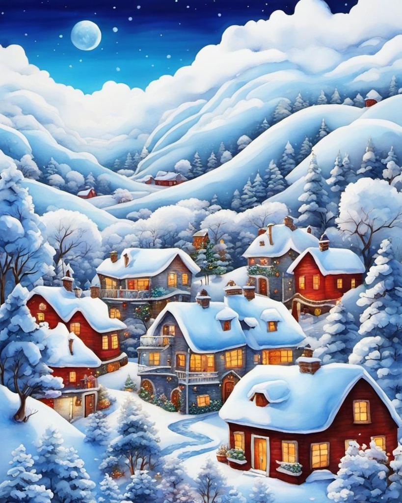 [Painting, Art Nouveau] white village landscape, cozy houses at Christmastime, blue sky, white clouds, beautiful trees, white snow, sharp focus, warm Christmas atmosphere, elegant intricate 8k 3D masterpiece beautiful high definition crisp quality surreal watercolor and line art elaborate rich colors spectacular zentangle style; [vibrant liquid plasma] white village landscape, cozy houses at Christmastime, blue sky, white clouds, beautiful trees, white snow, sharp focus, warm Christmas atmosphere, elegant intricate 8k 3D masterpiece beautiful high definition crisp quality surreal watercolor and line art elaborate rich colors spectacular zentangle style