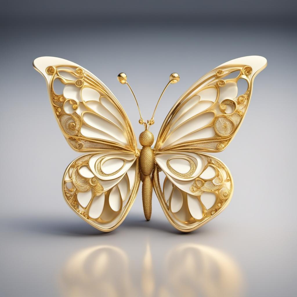 [Style of CG graphics, 3d rendering, blender] a butterfly made from ivory and gold, tilt-shift photography