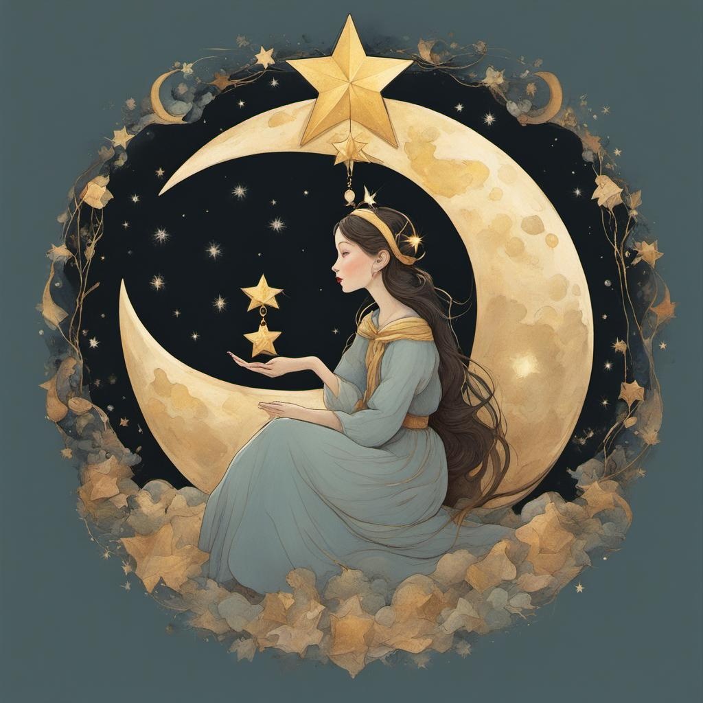 [Pixar style, Disney] woman sitting on the moon, holding a Christmas Star, with a golden halo around her head. The piece is inspired by various artists including Mucha, Catrin Welz-Stein, Lois van Baarle, Bouguereau