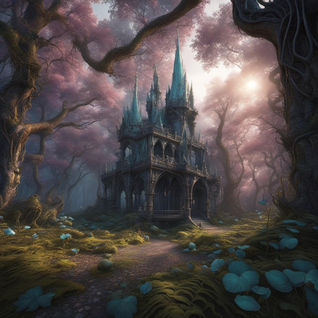 photorealistic gothic forest, soft pastel oil backlight detailed matte painting, fantastical, intricate detail, splash screen, complementary colors, fantasy concept art, 8k resolution trending on Artstation Unreal Engine 5 steampunk engine abstract vector fractal, <lora:Endless Melody:1.0> Zentangle, 3d shading