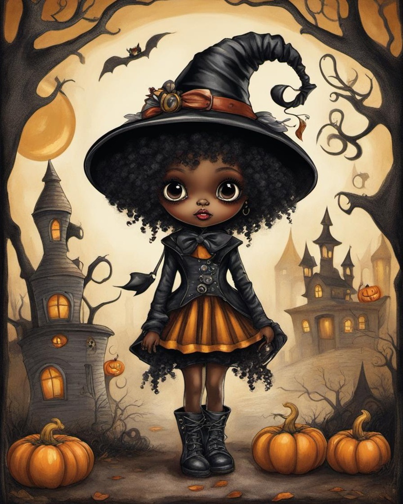 [Watercolor painting style, masterpiece] A whimsical, gothic, and cartoon style art scene featuring a cute little Halloween pixie, with big eyes and messy long hair, She wears a hat, leather pants, buckled boots. style of Tim Burton,; [Watercolor painting style, masterpiece] A whimsical, gothic, and cartoon style art scene featuring a cute little Halloween pixie, with big eyes and messy long hair, She wears a hat, leather pants, buckled boots. style of Tim Burton,; [Watercolor painting style, masterpiece] A whimsical, gothic, and cartoon style art scene featuring a cute little Halloween pixie, with big eyes and messy long hair, She wears a hat, leather pants, buckled boots. style of Tim Burton,; [Watercolor painting style, masterpiece] A whimsical, gothic, and cartoon style art scene featuring a cute little Halloween pixie, with big eyes and messy long hair, She wears a hat, leather pants, buckled boots. style of Tim Burton,; [Watercolor painting style, masterpiece] A whimsical, gothic, and cartoon style art scene featuring a cute little African American Halloween pixie, with big eyes, She wears a hat, leather pants, buckled boots. style of Tim Burton,; [Watercolor painting style, masterpiece] A whimsical, gothic, and cartoon style art scene featuring a cute little African American Halloween pixie, with big eyes, She wears a hat, leather pants, buckled boots. style of Tim Burton,; [Style of vintage illustration] A whimsical, gothic, and cartoon style art scene featuring a cute little African American Halloween pixie, with big eyes, She wears a hat, leather pants, buckled boots. style of Tim Burton,