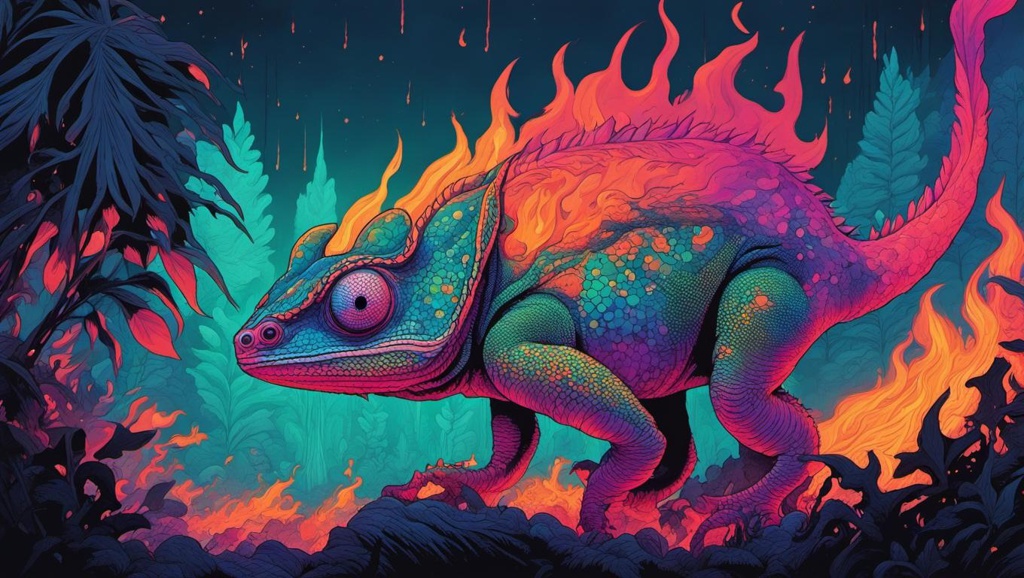 [vibrant liquid plasma] Beautiful epic blacklight chameleon night fire, detailed bold illustration, by Ralph Bakshi, Dan Mumford, Cyril Rolando, Shawn Coss, Junji Ito, Jean Giraud, Moebius, Jaya Su Berg, cel-shaded, 8k resolution, inferno; blaze; flickering flames; smoke; embers; forest fire; tropical rainforest; in flames; firestorm; ashes; burning; [Watercolor painting style, masterpiece] Beautiful epic blacklight chameleon night fire, detailed bold illustration, by Ralph Bakshi, Dan Mumford, Cyril Rolando, Shawn Coss, Junji Ito, Jean Giraud, Moebius, Jaya Su Berg, cel-shaded, 8k resolution, inferno; blaze; flickering flames; smoke; embers; forest fire; tropical rainforest; in flames; firestorm; ashes; burning; [Watercolor painting style, masterpiece] Beautiful epic blacklight chameleon night fire, detailed bold illustration, by Ralph Bakshi, Dan Mumford, Cyril Rolando, Shawn Coss, Junji Ito, Jean Giraud, Moebius, Jaya Su Berg, cel-shaded, 8k resolution, inferno; blaze; flickering flames; smoke; embers; forest fire; tropical rainforest; in flames; firestorm; ashes; burning; [Style of vintage illustration] Beautiful epic blacklight chameleon night fire, detailed bold illustration, by Ralph Bakshi, Dan Mumford, Cyril Rolando, Shawn Coss, Junji Ito, Jean Giraud, Moebius, Jaya Su Berg, cel-shaded, 8k resolution, inferno; blaze; flickering flames; smoke; embers; forest fire; tropical rainforest; in flames; firestorm; ashes; burning