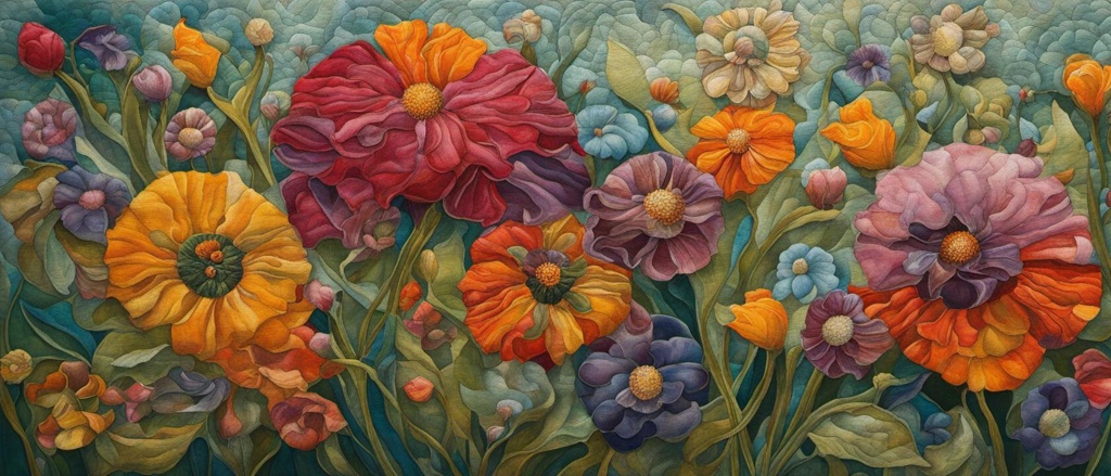 [Painting, Art Nouveau] colorful painting of flowers with colorful flowers, layered fabrications, textured fabrics, aggressive quilting, mary bradish titcomb, collaged elements, mandy disher, multiple points of view; [Watercolor painting style, masterpiece] colorful painting of flowers with colorful flowers, layered fabrications, textured fabrics, aggressive quilting, mary bradish titcomb, collaged elements, mandy disher, multiple points of view; [Painting, Art Nouveau] colorful painting of flowers with colorful flowers, layered fabrications, textured fabrics, aggressive quilting, mary bradish titcomb, collaged elements, mandy disher, multiple points of view