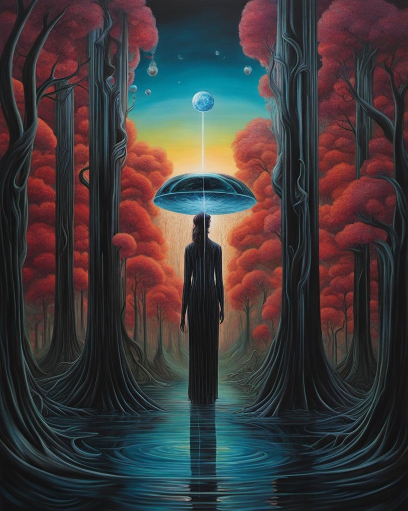 [vibrant liquid plasma] A painting of a woman standing in a forest, futuristic cloning facility, dripping black iridescent liquid, Bagshaw art style, inspired by Lady Penrose and Kay Sage, painting of flood waters, by Vladimir Kush, mistress, tones of black in background, Michael Page, fractal automaton, by Didier Mouron, enchanted dreams