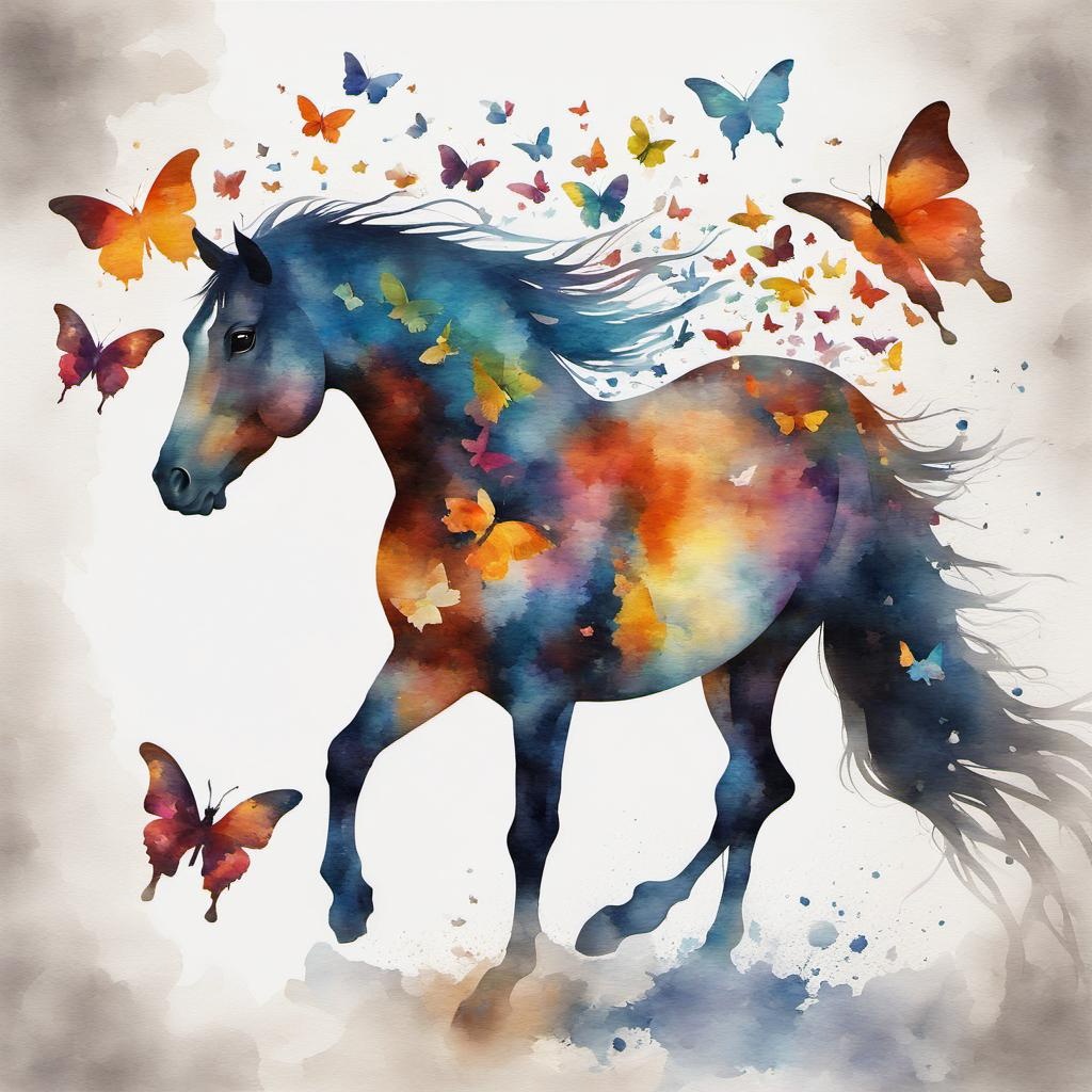 [Watercolor painting style, masterpiece] Side silhouette of a horse walking, with large butterflies, in a body made of multicolored butterflies that is almost transparent but you can see all the butterflies flowing off as the horse walks forward