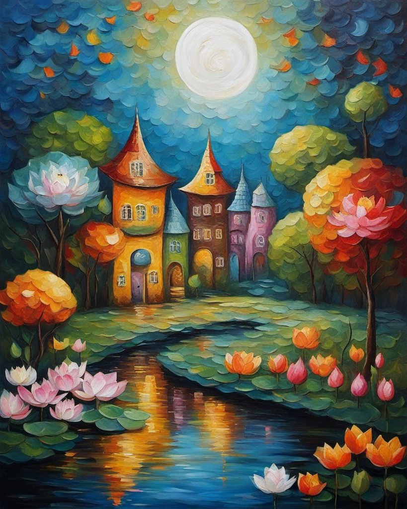 [Oil painting style, impasto, masterpiece] City on the moon, Whimsical Fairy Wonderland , with trees and pond with lotus flower